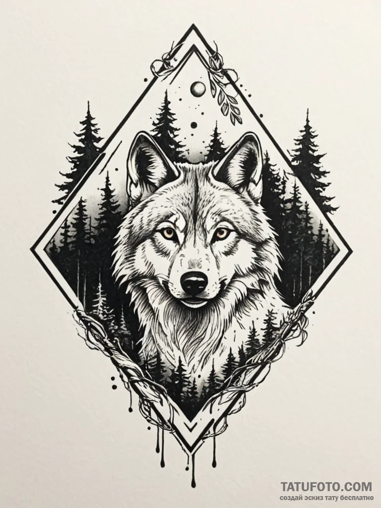 Paw print of a wolf, containing a forest scen... - эскиз тату (№1751628919_0, 04.07.2025 11:35) — Tatufoto.com