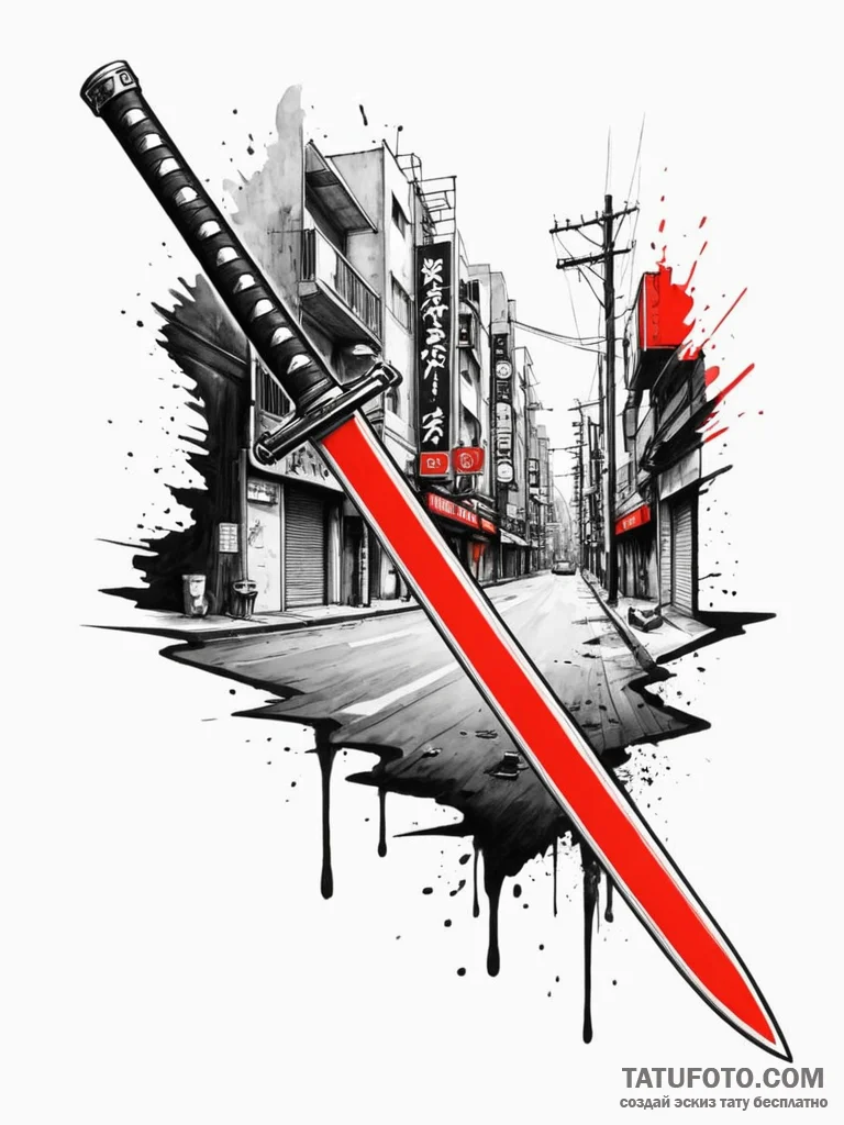 Katana blade reflecting a neon-drenched tokyo... - эскиз тату (№1751634843_0, 04.07.2025 13:14) — Tatufoto.com