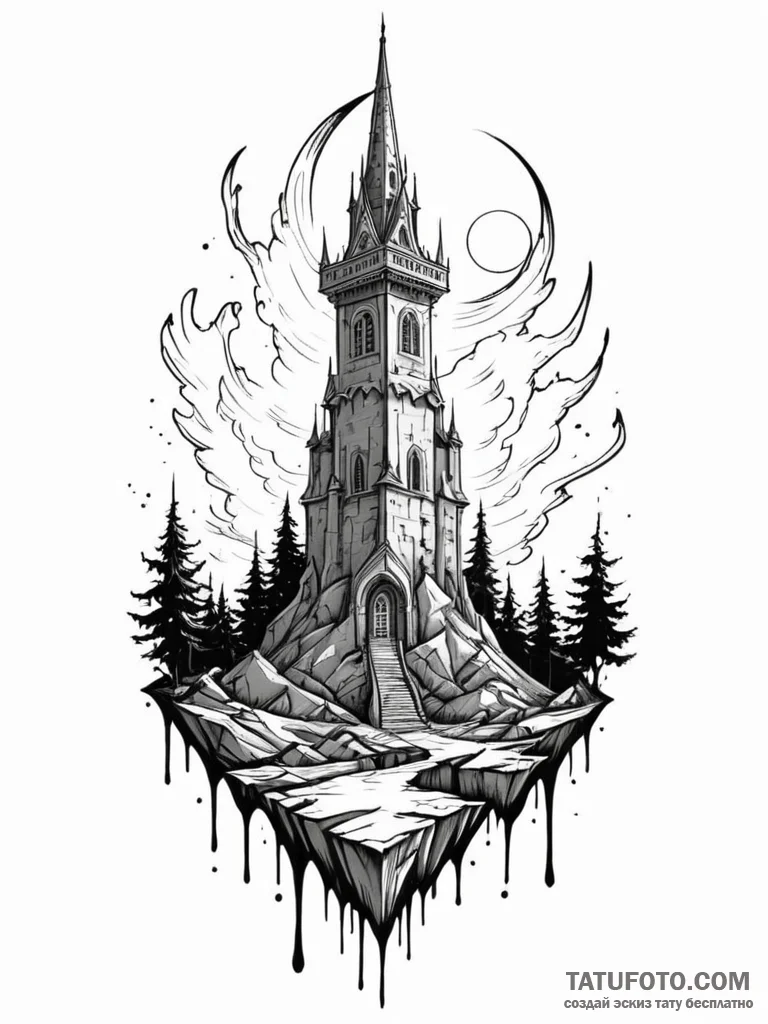 Night talon beneath spectral spire, ink illus... - эскиз тату (№1751634930_0, 04.07.2025 13:15) — Tatufoto.com