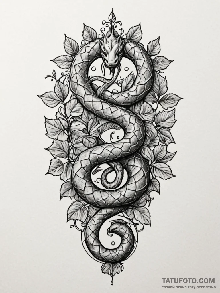 Glyph-etched serpent crowned in ivy, tattoo l... - эскиз тату (№1751635102_0, 04.07.2025 13:18) — Tatufoto.com