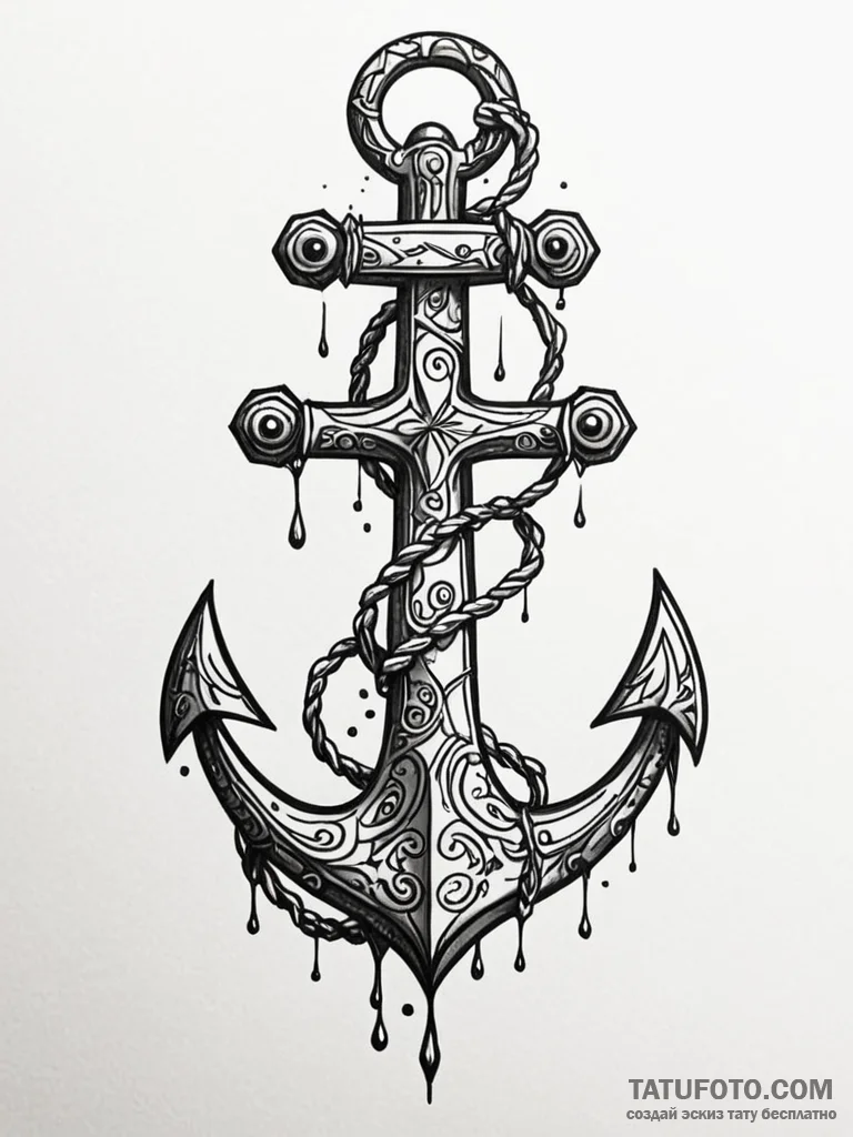 Iron anchor submerged in abyss, tattoo flash... - эскиз тату (№1751635700_0, 04.07.2025 13:28) — Tatufoto.com