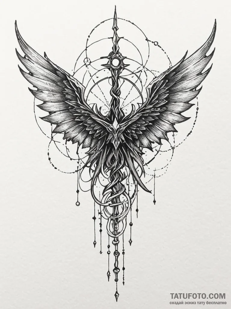 Witch wings beneath starlit sky, ink illustra... - эскиз тату (№1751636127_0, 04.07.2025 13:35) — Tatufoto.com