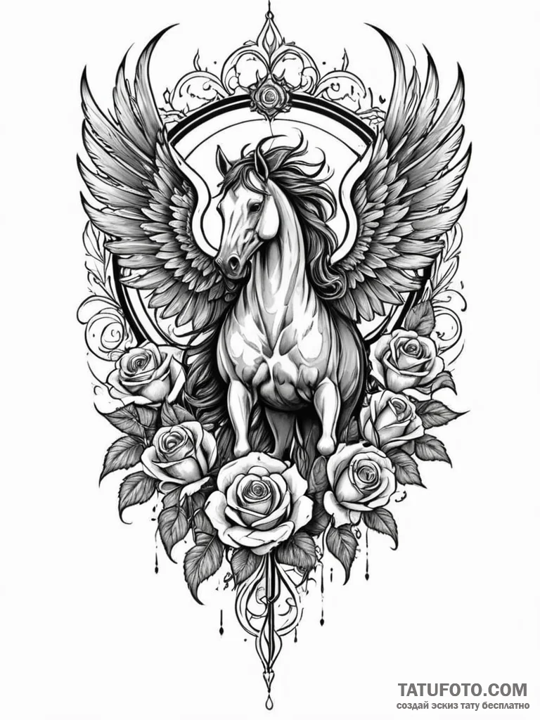 Pegasus with wings made of storm clouds, conc... - эскиз тату (№1751636555_0, 04.07.2025 13:42) — Tatufoto.com