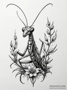 Mantis beneath burning sky, tattoo sketch des... - эскиз тату (№1751636809_0, 04.07.2025 13:46) — Tatufoto.com