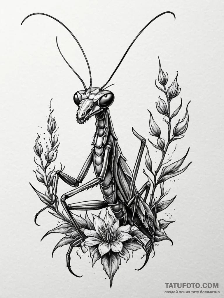 Mantis beneath burning sky, tattoo sketch des... - эскиз тату (№1751636809_0, 04.07.2025 13:46) — Tatufoto.com