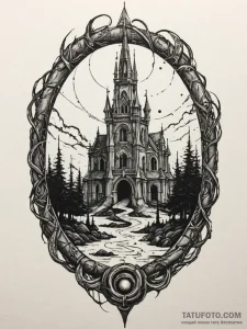 Mirror serpent beneath shattered spire, artis... - эскиз тату (№1751636977_0, 04.07.2025 13:49) — Tatufoto.com