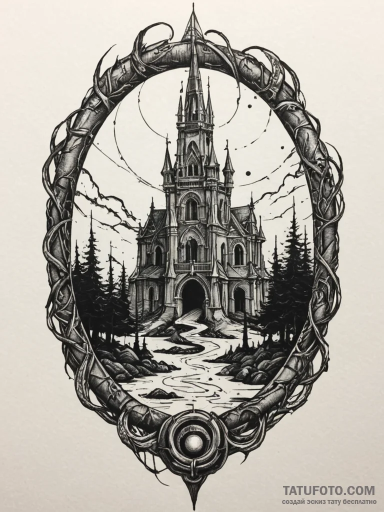 Mirror serpent beneath shattered spire, artis... - эскиз тату (№1751636977_0, 04.07.2025 13:49) — Tatufoto.com