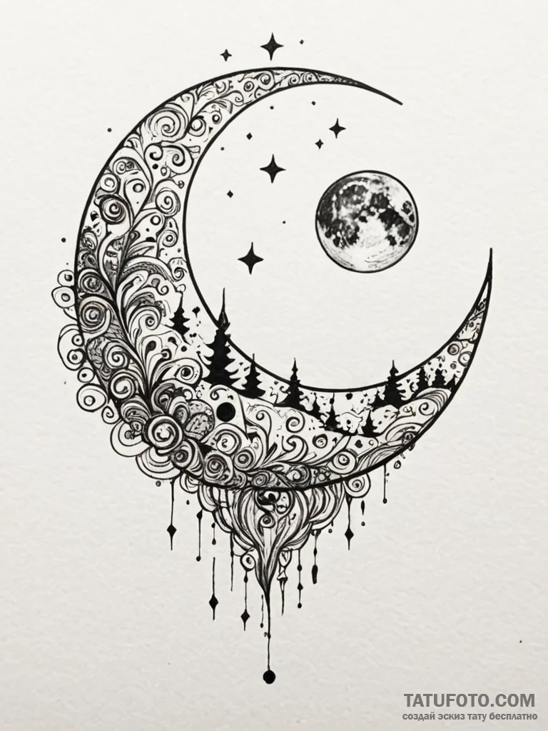 A whimsical bubble floating towards moon, dre... - эскиз тату (№1751641194_0, 04.07.2025 14:59) — Tatufoto.com