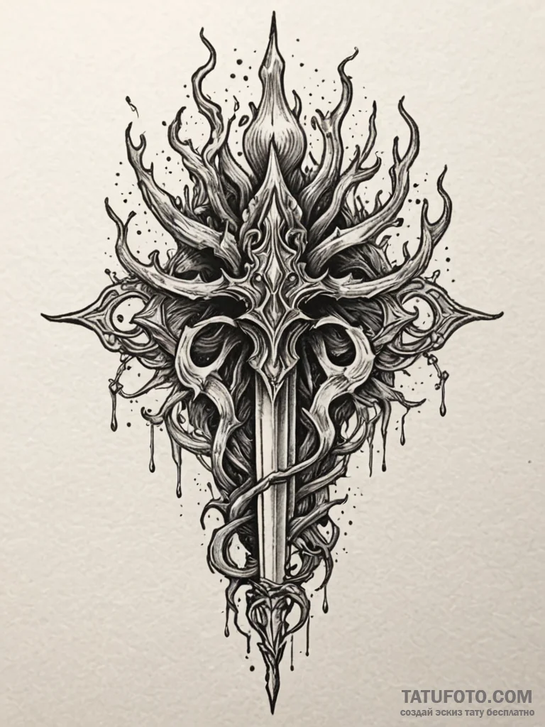 Flaming dagger crowned in roots, ink illustra... - эскиз тату (№1751641542_0, 04.07.2025 15:05) — Tatufoto.com