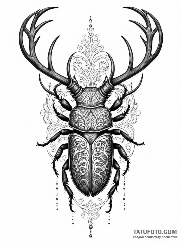 A stag beetle with ornate horns, tattoo sketc... - эскиз тату (№1751641976_0, 04.07.2025 15:12) — Tatufoto.com