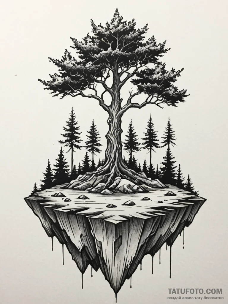A floating island with a single tree, tattoo… — эскиз тату (№1751642579_0, 04.07.2025 15:22) — Tatufoto.com
