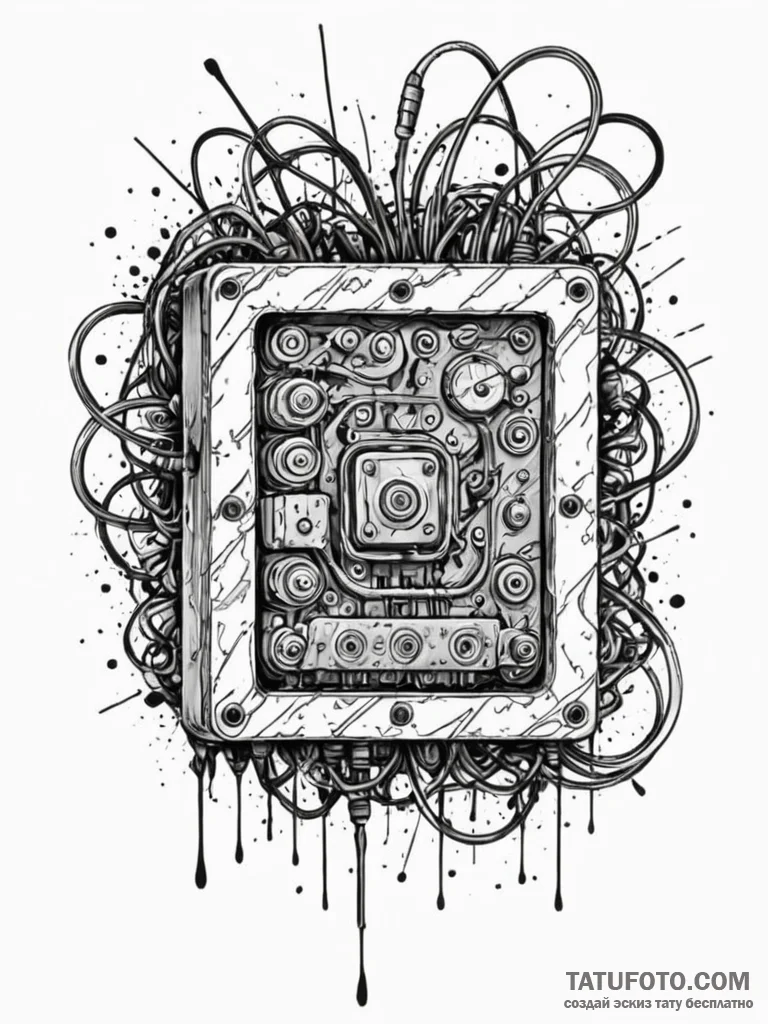 Junction box with sparking, frayed wires, ink... - эскиз тату (№1751643267_0, 04.07.2025 15:34) — Tatufoto.com