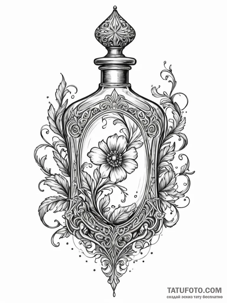 Empty perfume bottle with a single wisp of me... - эскиз тату (№1751643698_0, 04.07.2025 15:41) — Tatufoto.com