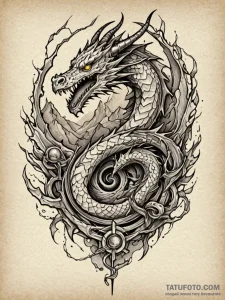 Dragon coil through shattered ruins, tattoo f... - эскиз тату (№1751644300_0, 04.07.2025 15:51) — Tatufoto.com
