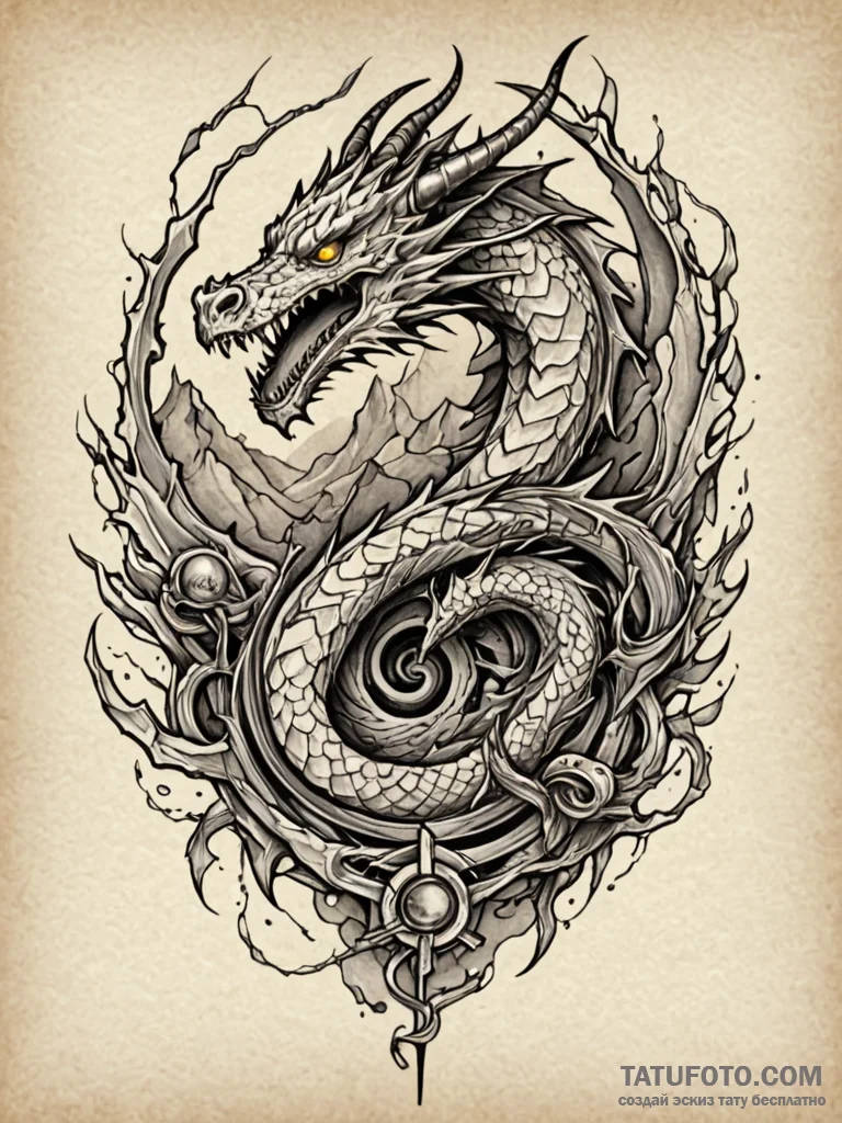Dragon coil through shattered ruins, tattoo f... - эскиз тату (№1751644300_0, 04.07.2025 15:51) — Tatufoto.com