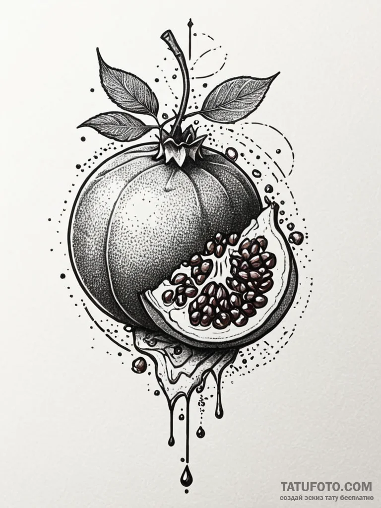 Pomegranate, its juice dripping like ruby gem... - эскиз тату (№1751644900_0, 04.07.2025 16:01) — Tatufoto.com