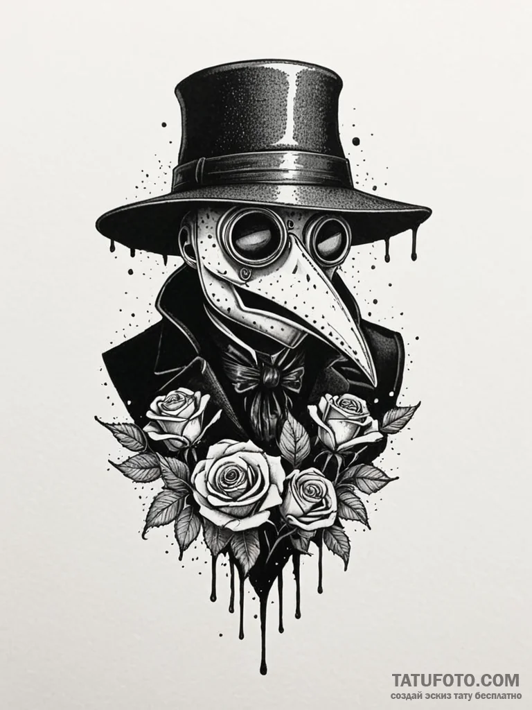 Plague doctor's mask filled with dried, black... - эскиз тату (№1751645157_0, 04.07.2025 16:05) — Tatufoto.com