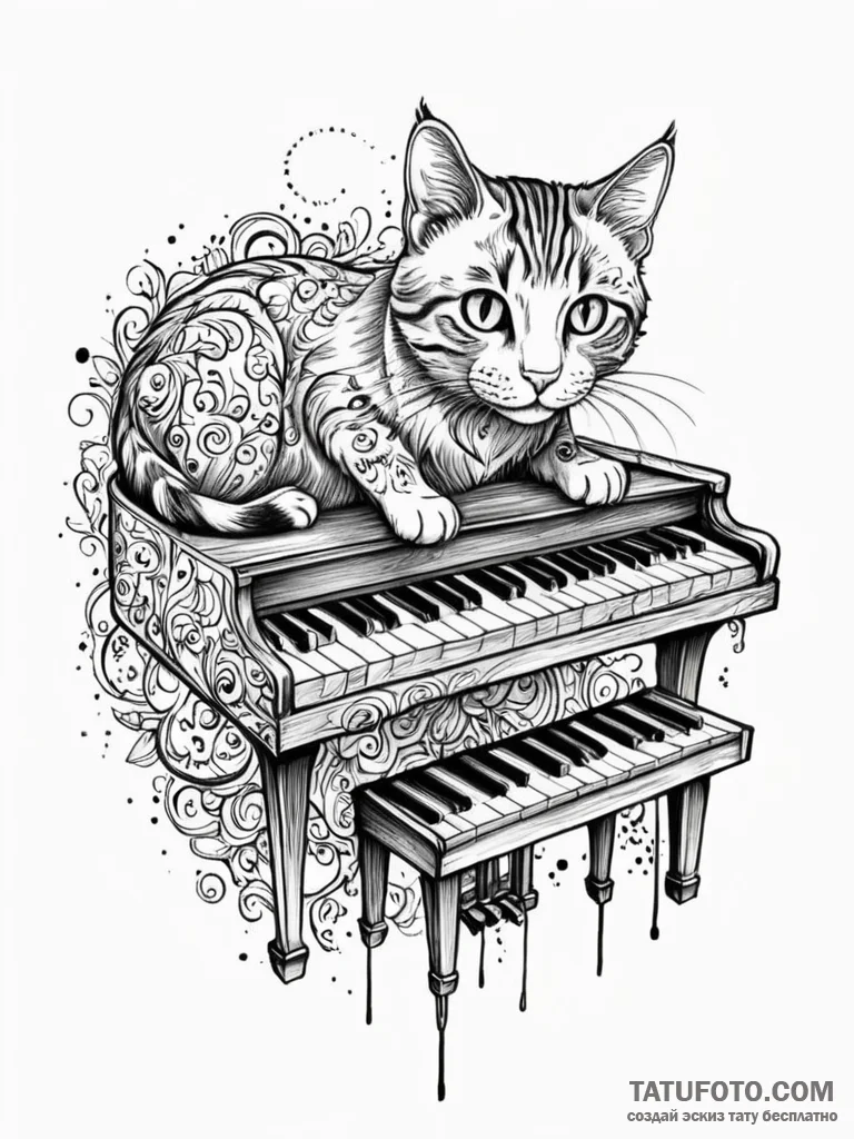 Piano keys on which a cat's paws are delicate... - эскиз тату (№1751645624_0, 04.07.2025 16:13) — Tatufoto.com