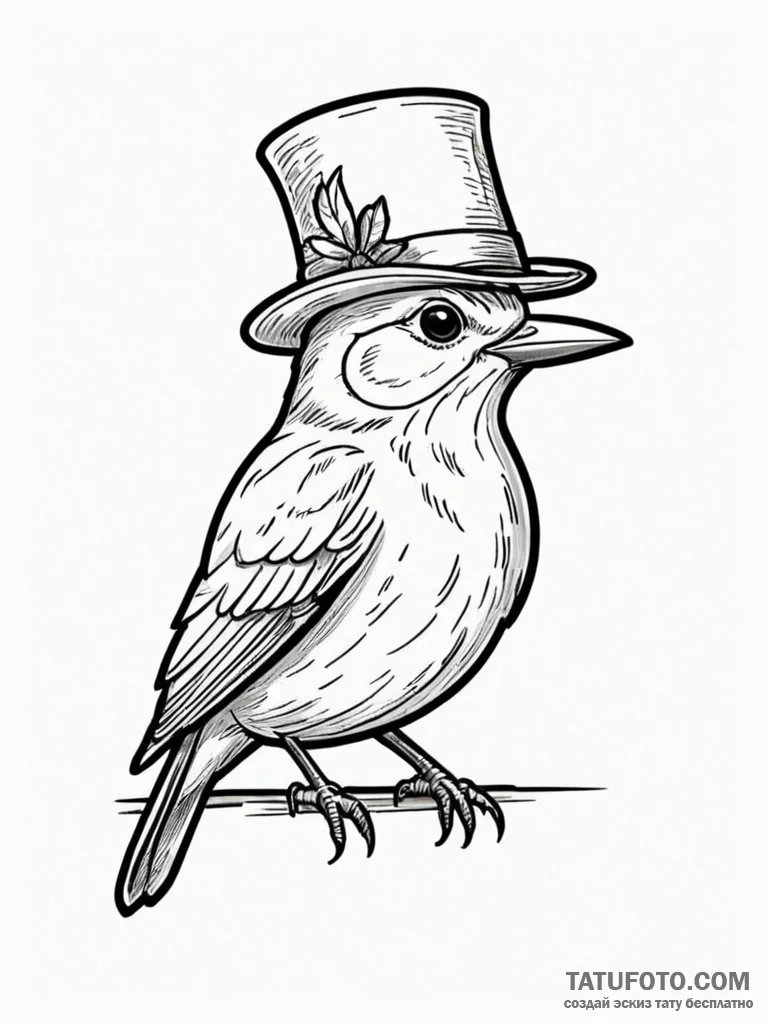 A whimsical bird wearing a tiny hat, quirky,,... - эскиз тату (№1751646738_0, 04.07.2025 16:32) — Tatufoto.com