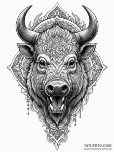 Boar's head, fierce and bristling, with tusks... - эскиз тату (№1751647084_0, 04.07.2025 16:38) — Tatufoto.com