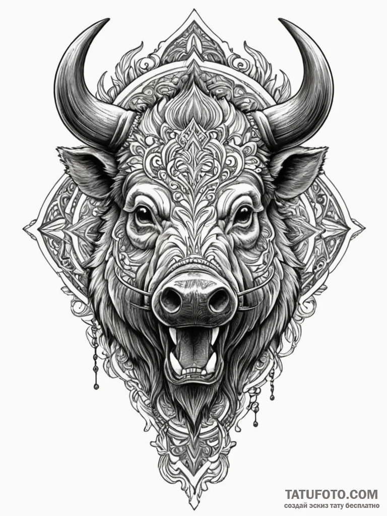 Boar's head, fierce and bristling, with tusks... - эскиз тату (№1751647084_0, 04.07.2025 16:38) — Tatufoto.com