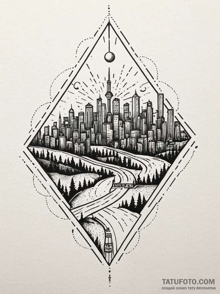 A powerful burning city lights, distant,, tat... - эскиз тату (№1751647512_0, 04.07.2025 16:45) — Tatufoto.com