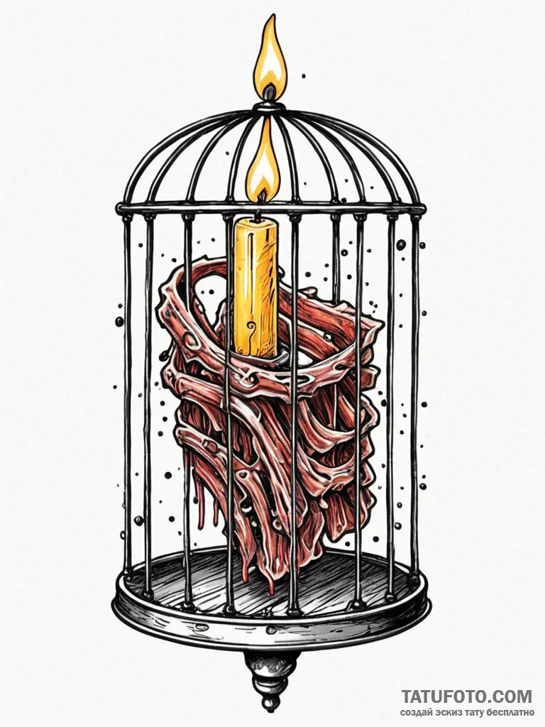 Cage of ribs holding a flickering candle, tat... - эскиз тату (№1751647601_0, 04.07.2025 16:46) — Tatufoto.com