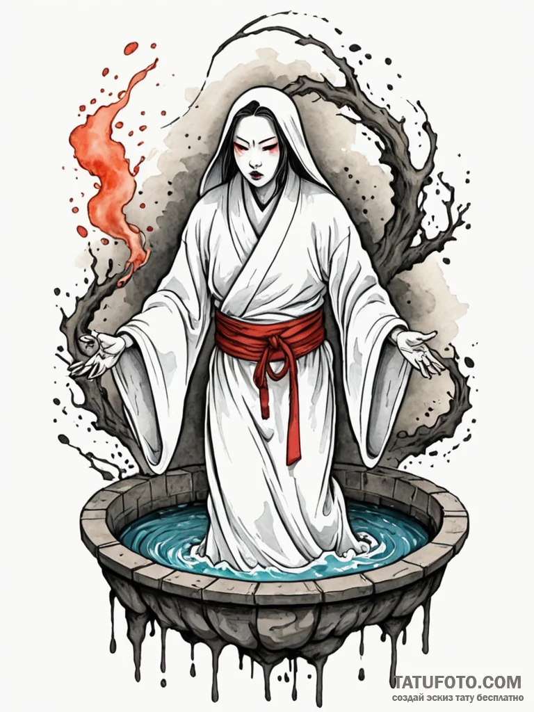 Yurei (japanese ghost) emerging from a well,... - эскиз тату (№1751647687_0, 04.07.2025 16:48) — Tatufoto.com