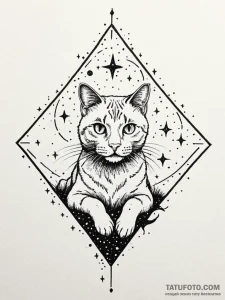 Astral cat floating among stars, tattoo line... - эскиз тату (№1751648031_0, 04.07.2025 16:53) — Tatufoto.com