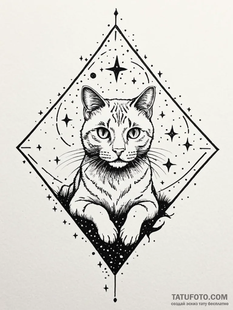 Astral cat floating among stars, tattoo line… — эскиз тату (№1751648031_0, 04.07.2025 16:53) — Tatufoto.com