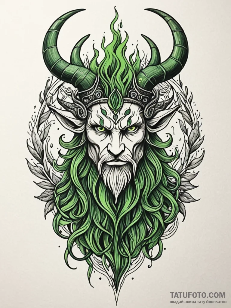 Horned god of the forest with eyes of green f… — эскиз тату (№1751648116_0, 04.07.2025 16:55) — Tatufoto.com