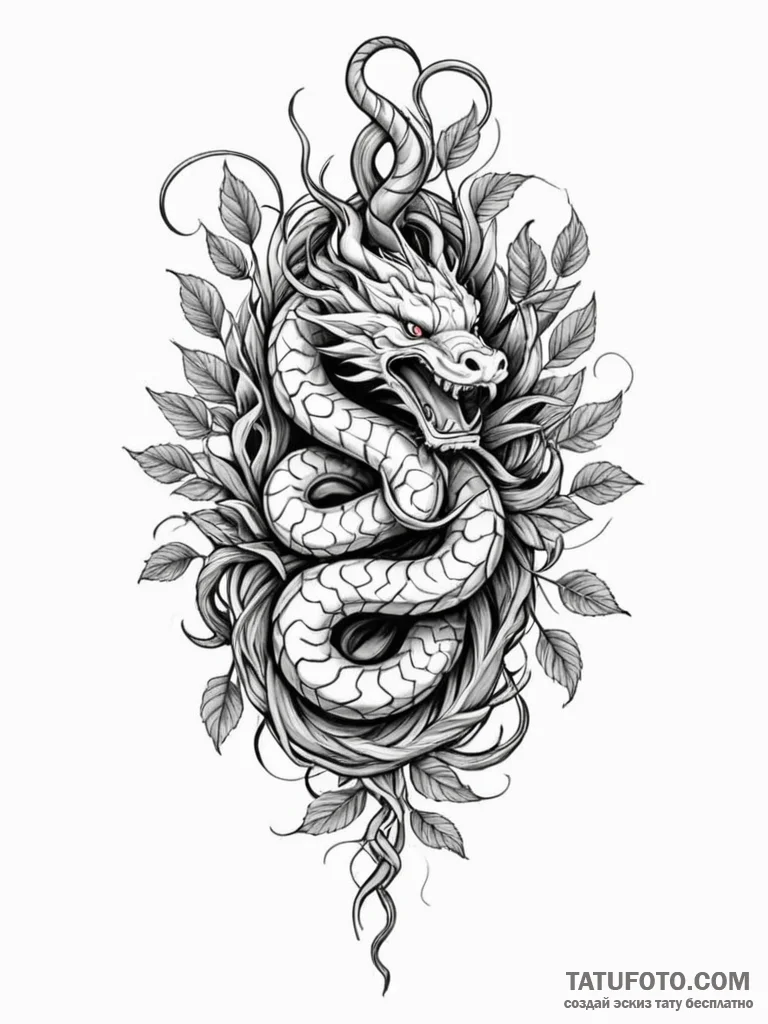 Jade serpent crowned with roots, tattoo sketc... - эскиз тату (№1751649308_0, 04.07.2025 17:15) — Tatufoto.com