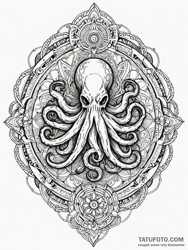 Kraken shadow beneath burning sky, ink illust... - эскиз тату (№1751649393_0, 04.07.2025 17:16) — Tatufoto.com
