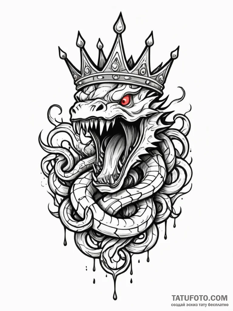 Obsidian serpent devouring crown, tattoo line… — эскиз тату (№1751649901_0, 04.07.2025 17:25) — Tatufoto.com