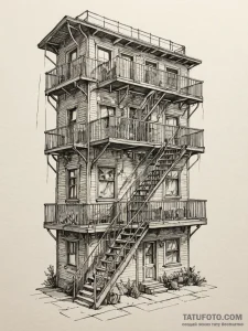 Fire escape ladder twisting into an impossibl... - эскиз тату (№1751652106_0, 04.07.2025 18:01) — Tatufoto.com