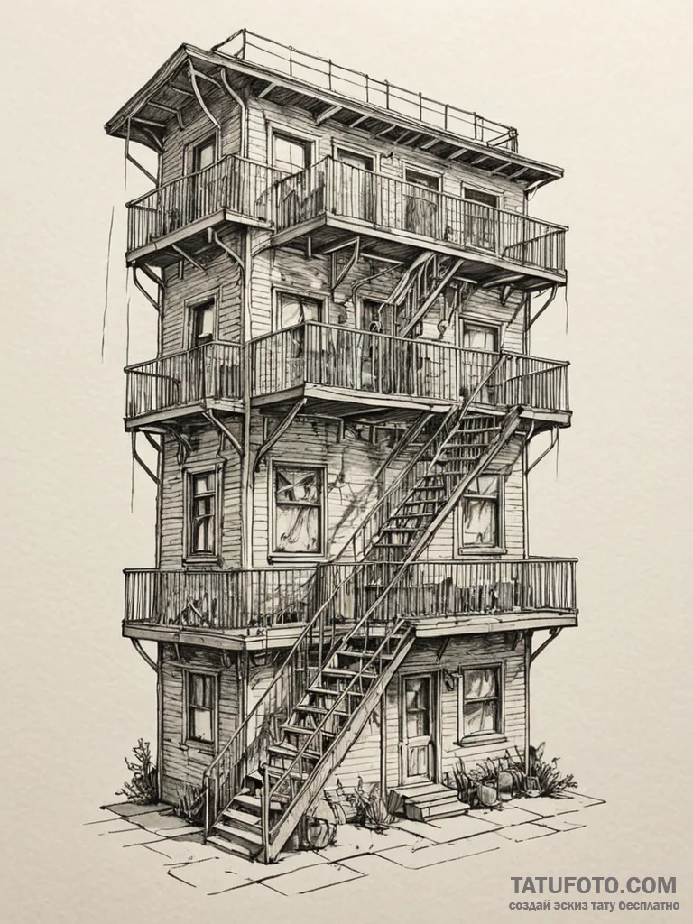 Fire escape ladder twisting into an impossibl... - эскиз тату (№1751652106_0, 04.07.2025 18:01) — Tatufoto.com