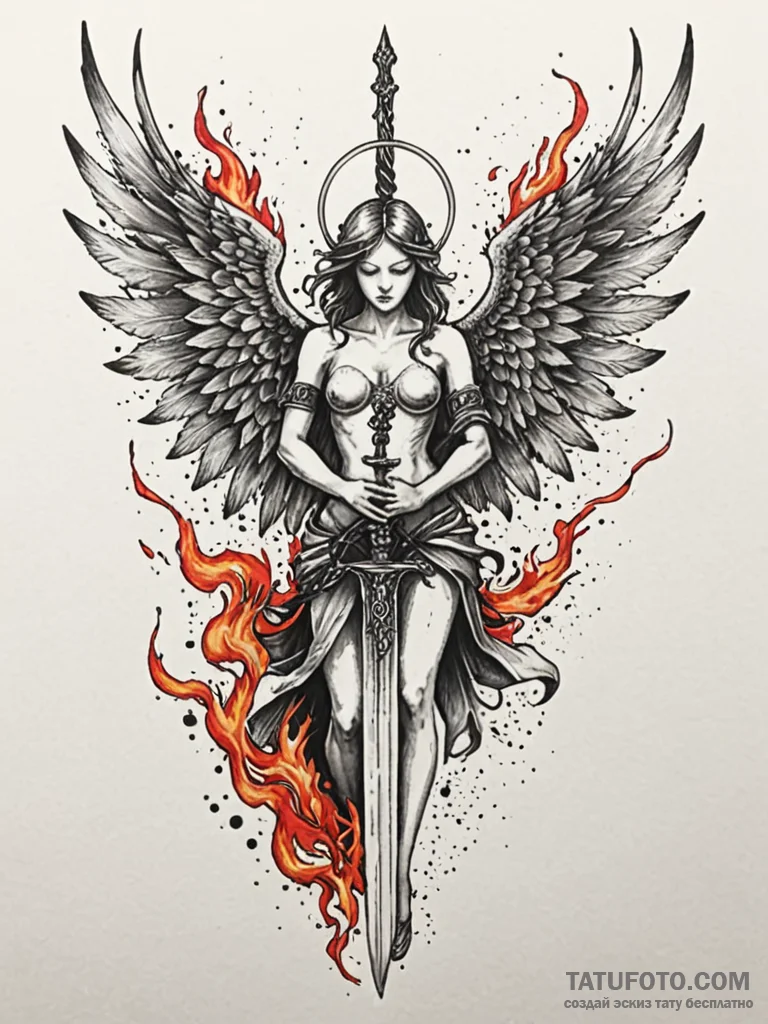 Angel of vengeance with flaming sword, tattoo... - эскиз тату (№1751652360_0, 04.07.2025 18:06) — Tatufoto.com