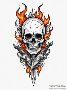 Flaming blade in skeletal grip, tattoo flash... - эскиз тату (№1751652532_0, 04.07.2025 18:08) — Tatufoto.com