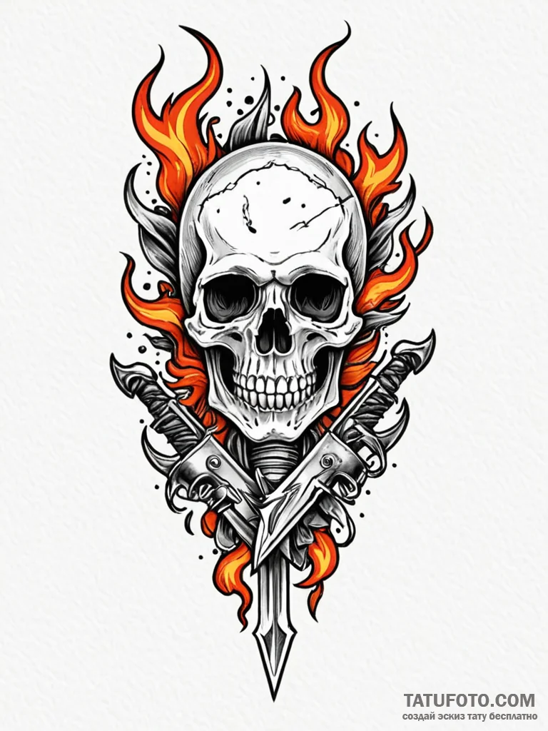 Flaming blade in skeletal grip, tattoo flash… — эскиз тату (№1751652532_0, 04.07.2025 18:08) — Tatufoto.com