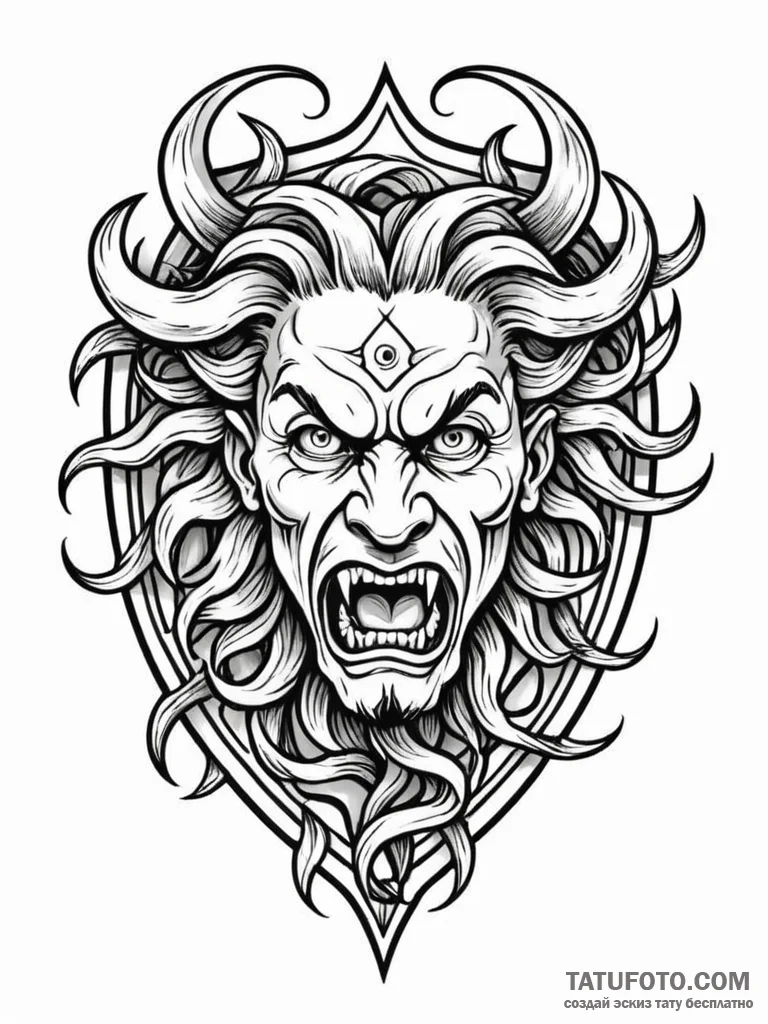 Shield with the face of a roaring gorgon, tat… — эскиз тату (№1751652618_0, 04.07.2025 18:10) — Tatufoto.com