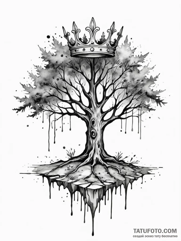 Fallen crown beneath spectral tree, tattoo li... - эскиз тату (№1751653211_0, 04.07.2025 18:20) — Tatufoto.com