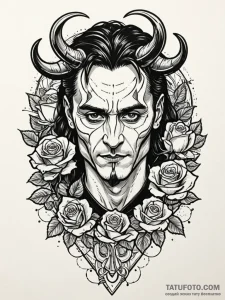 Loki with a mischievous grin and stitched lip... - эскиз тату (№1751653817_0, 04.07.2025 18:30) — Tatufoto.com