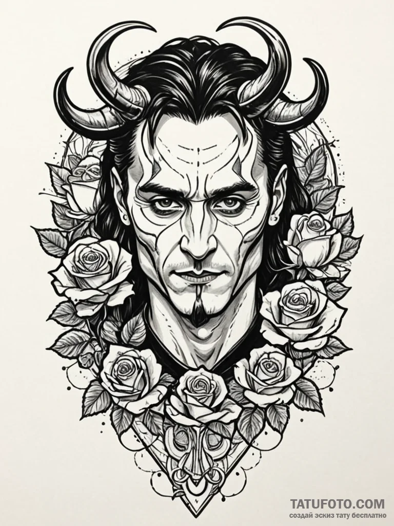 Loki with a mischievous grin and stitched lip... - эскиз тату (№1751653817_0, 04.07.2025 18:30) — Tatufoto.com