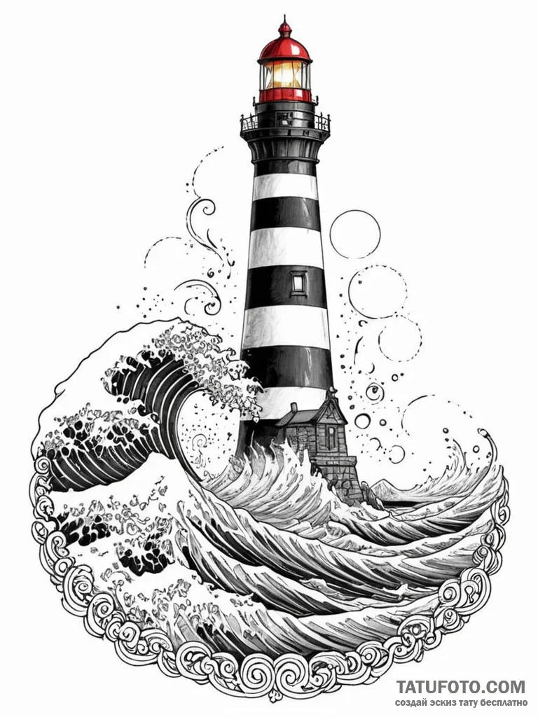 Lighthouse being enveloped by a giant wave, i... - эскиз тату (№1751653988_0, 04.07.2025 18:33) — Tatufoto.com