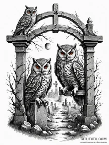 Graveyard gate guarded by two stone owls, art... - эскиз тату (№1751654077_0, 04.07.2025 18:34) — Tatufoto.com