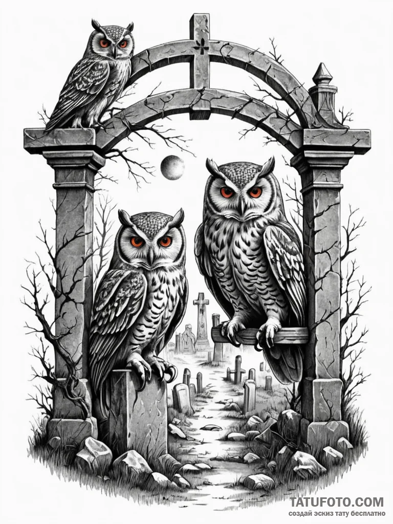 Graveyard gate guarded by two stone owls, art... - эскиз тату (№1751654077_0, 04.07.2025 18:34) — Tatufoto.com