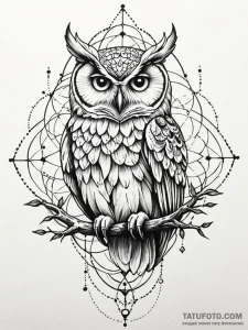 Owl perched on skeletal branch, ink illustrat... - эскиз тату (№1751654162_0, 04.07.2025 18:36) — Tatufoto.com