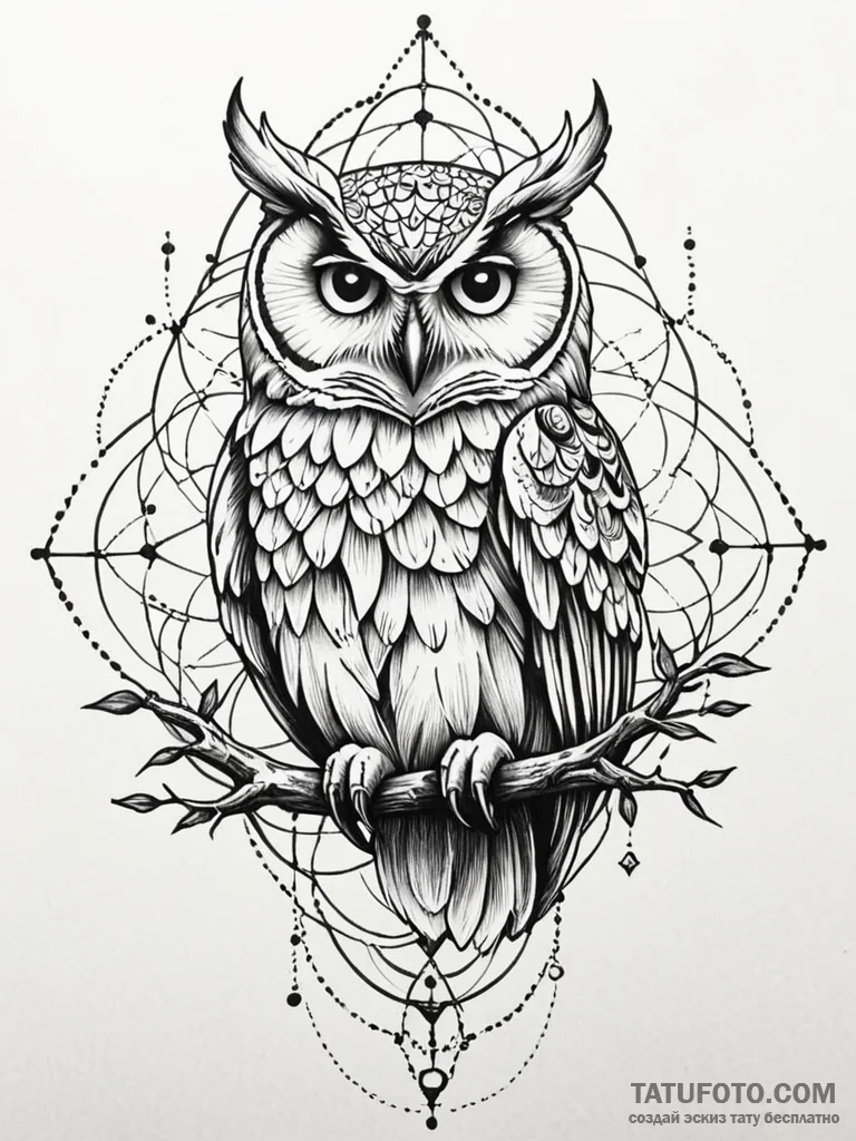 Owl perched on skeletal branch, ink illustrat... - эскиз тату (№1751654162_0, 04.07.2025 18:36) — Tatufoto.com