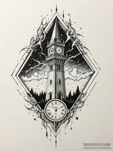 Clock tower struck by lightning at midnight,... - эскиз тату (№1751654334_0, 04.07.2025 18:38) — Tatufoto.com
