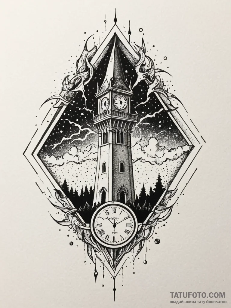 Clock tower struck by lightning at midnight,… — эскиз тату (№1751654334_0, 04.07.2025 18:38) — Tatufoto.com